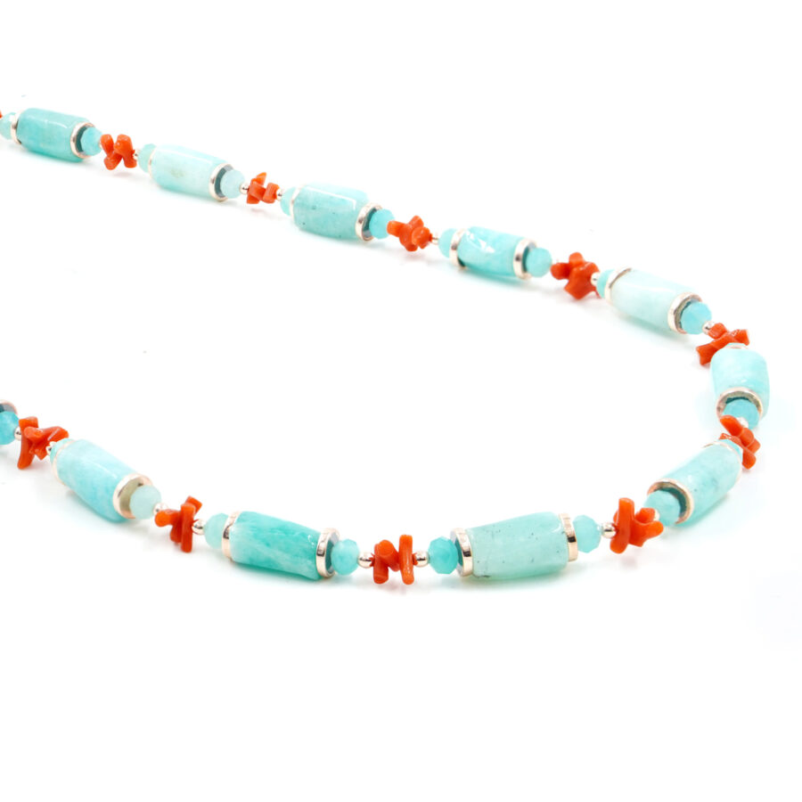 Collana con amazzonite, corallo,ematite, chiusura in argento – Rosè