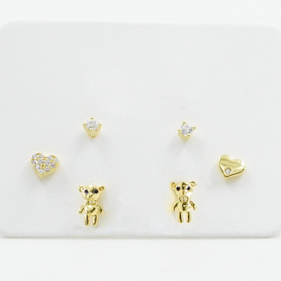 Set di Orecchini in argento cuore, orsacchiotto, punto luce con zirconi – Dorato