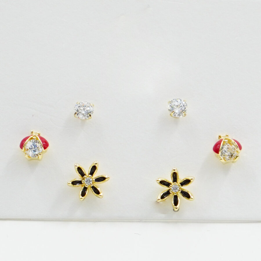 Set di Orecchini in argento fiore, coccinella, punto luce con zirconi – Dorato