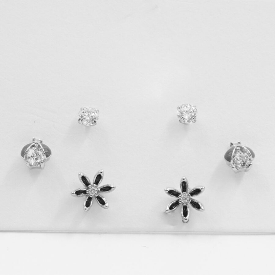 Set di Orecchini in argento fiore, coccinella, punto luce con zirconi – Rodiato