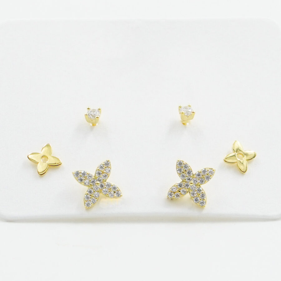 Set di Orecchini in argento fiore, punto luce con zirconi – Dorato
