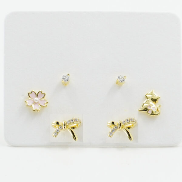 Set di Orecchini in argento fiore, fiocco, gatto, punto luce con zirconi – Dorato