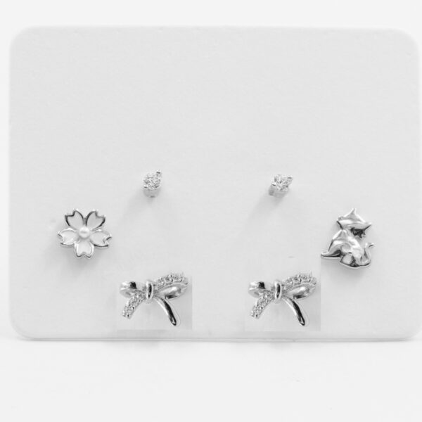 Set di Orecchini in argento fiore, fiocco, gatto, punto luce con zirconi – Rodiato