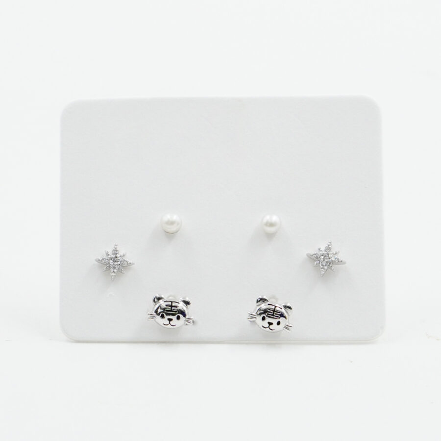 Set di Orecchini in argento gatto, stella, perla con zirconi – Rodiato