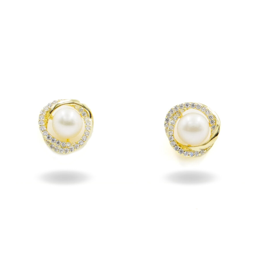Orecchini in argento curve con perla e zirconi – Dorato