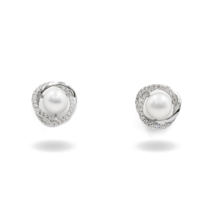 Orecchini in argento curve con perla e zirconi - Rodiato