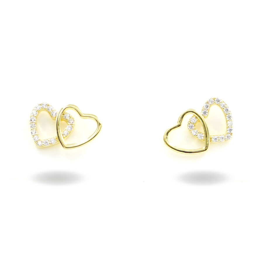 Orecchini in argento doppio cuore con zirconi – Dorato