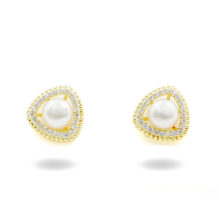 Orecchini in argento triangolo con perla e zirconi – Dorato