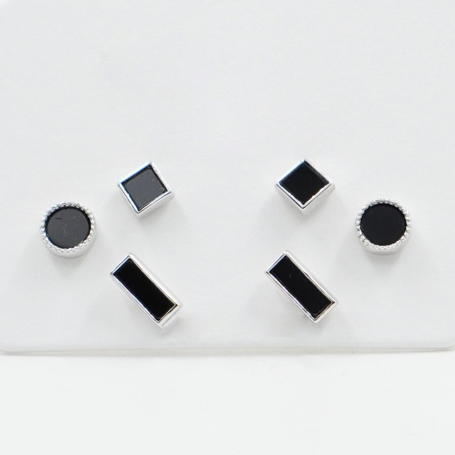 Set di Orecchini in argento, quadrato, cerchio, rettangolo con agata nera – Rodiato