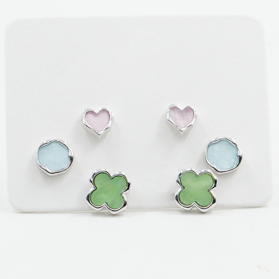 Set di Orecchini in argento fiore, cuore, cerchio con madreperla – Rodiato