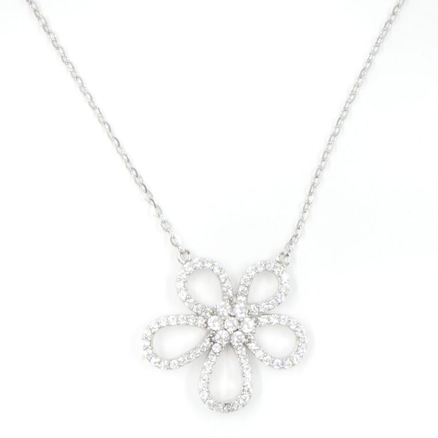 Collana in argento con ciondolo fiore con zirconi – Rodiato
