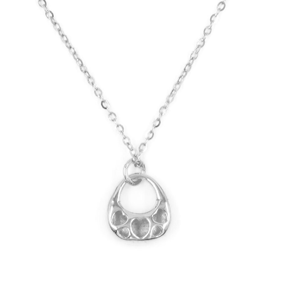 Collana in argento con ciondolo borsa forata con cuori – Rodiato