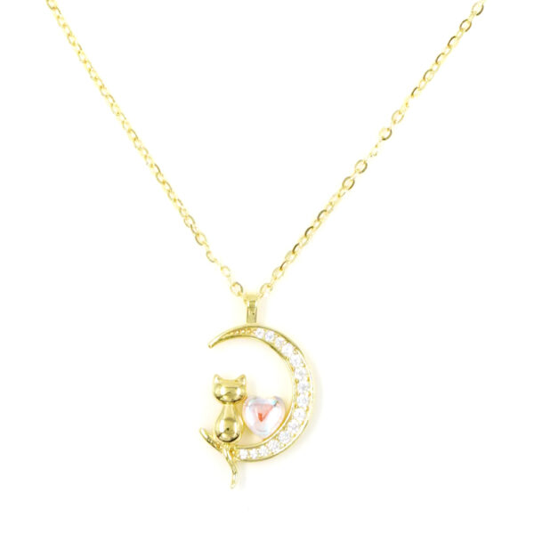 Collana in argento con ciondolo luna con gatto e con zirconi – Dorato