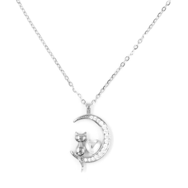 Collana in argento con ciondolo luna con gatto e con zirconi – Rodiato
