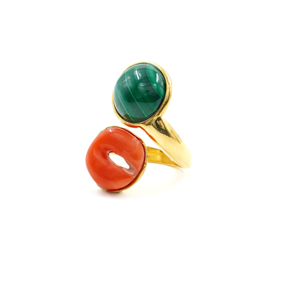 Anello Contrarier in Argento con malachite, corallo arancio – Dorato