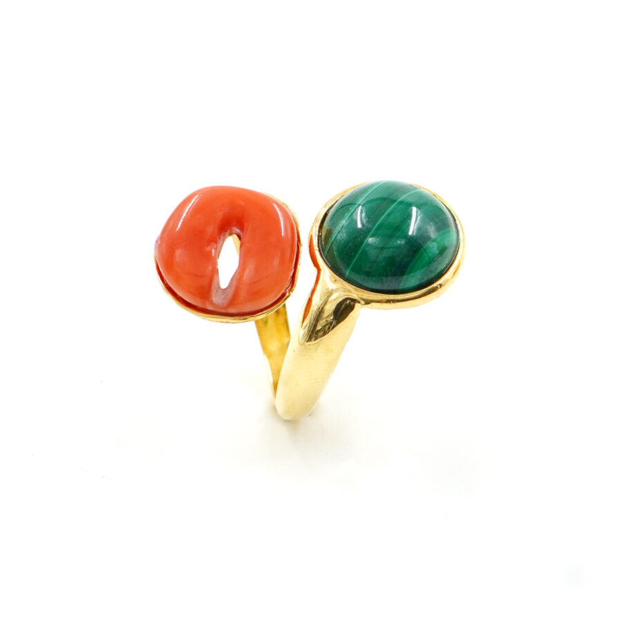 Anello Contrarier in Argento con malachite, corallo arancio – Dorato - immagine 2