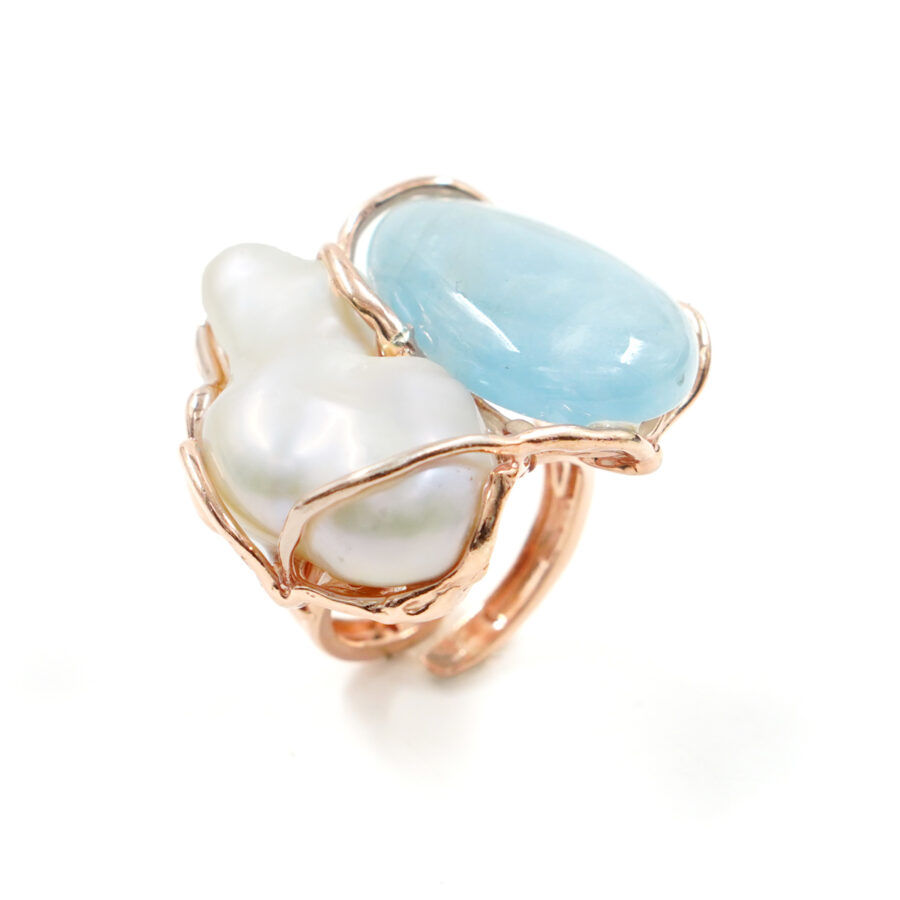 Anello in argento con acquamarina, perla barocca – Rosè