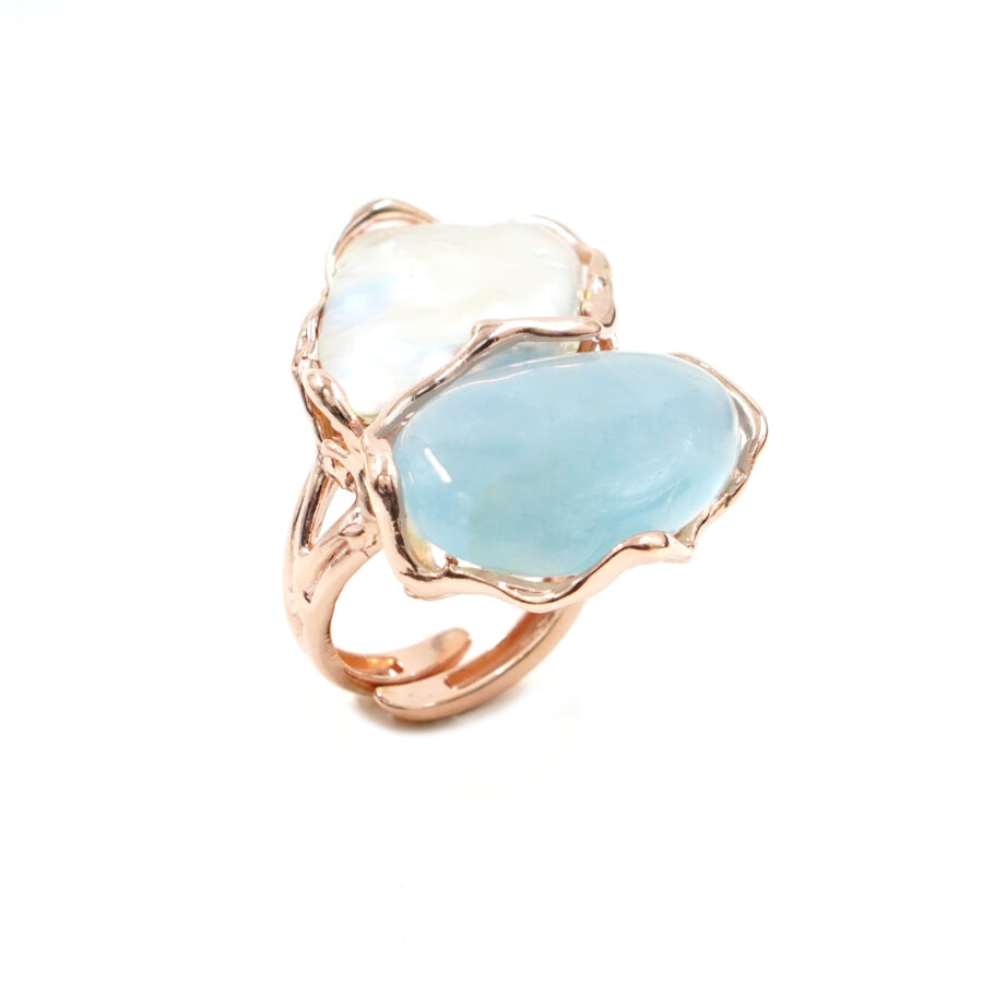 Anello in argento con acquamarina, perla barocca – Rosè - immagine 2