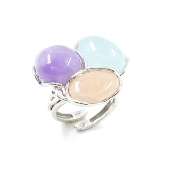 Anello in argento con acquamarina, ametista, morganite – Rodiato