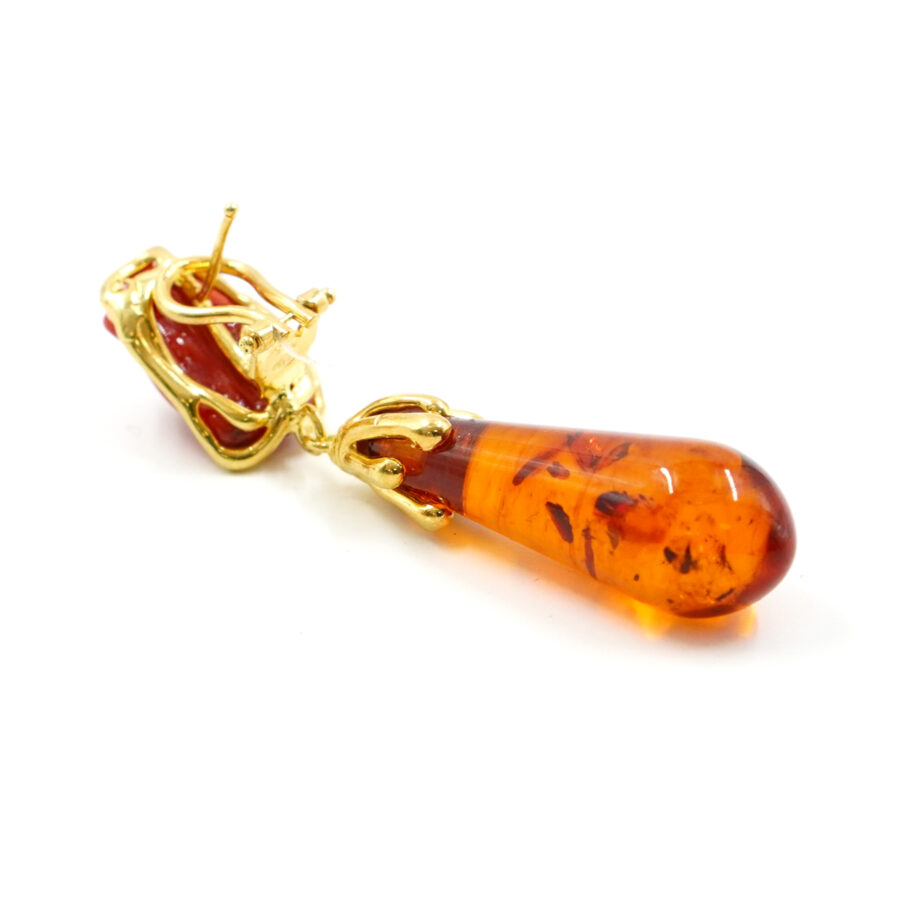 Orecchini in argento con corallo, gocce di ambra – Dorato - immagine 2