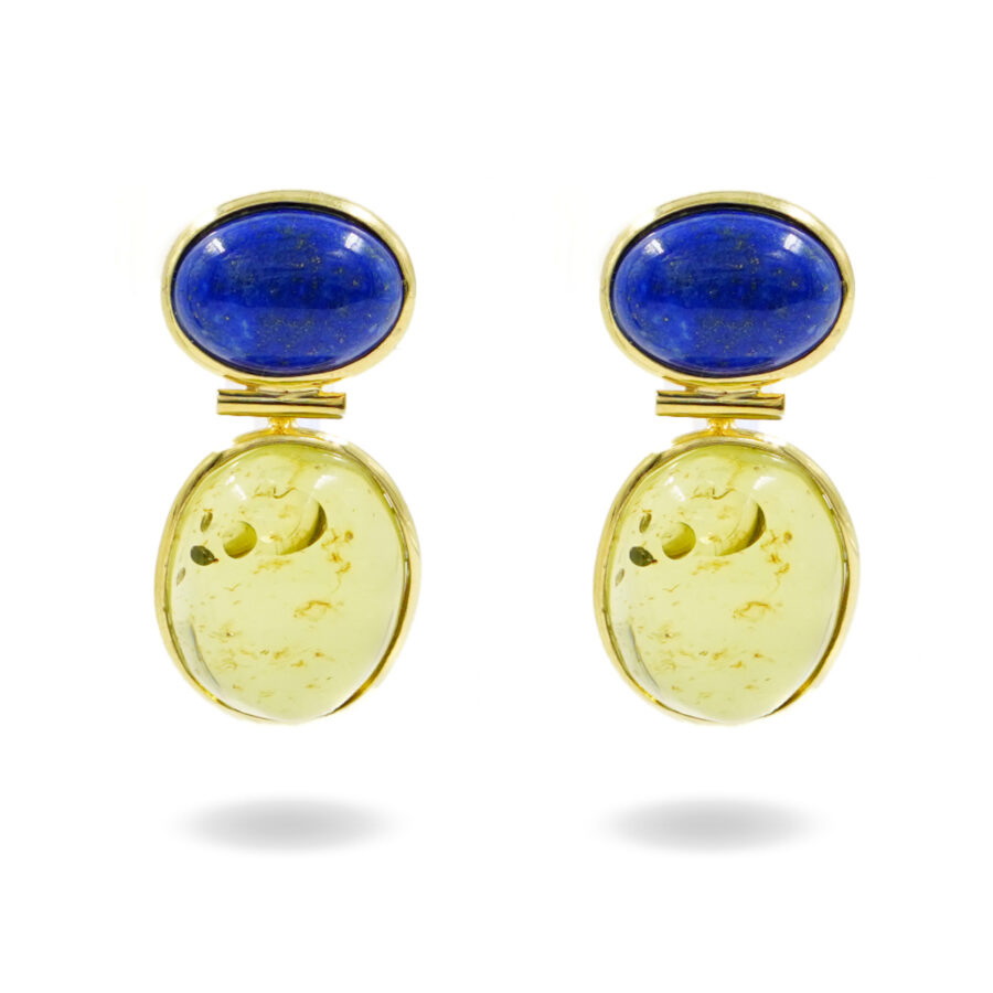 Orecchini in argento con lapis ovale, ambra colombiana verde – Dorato