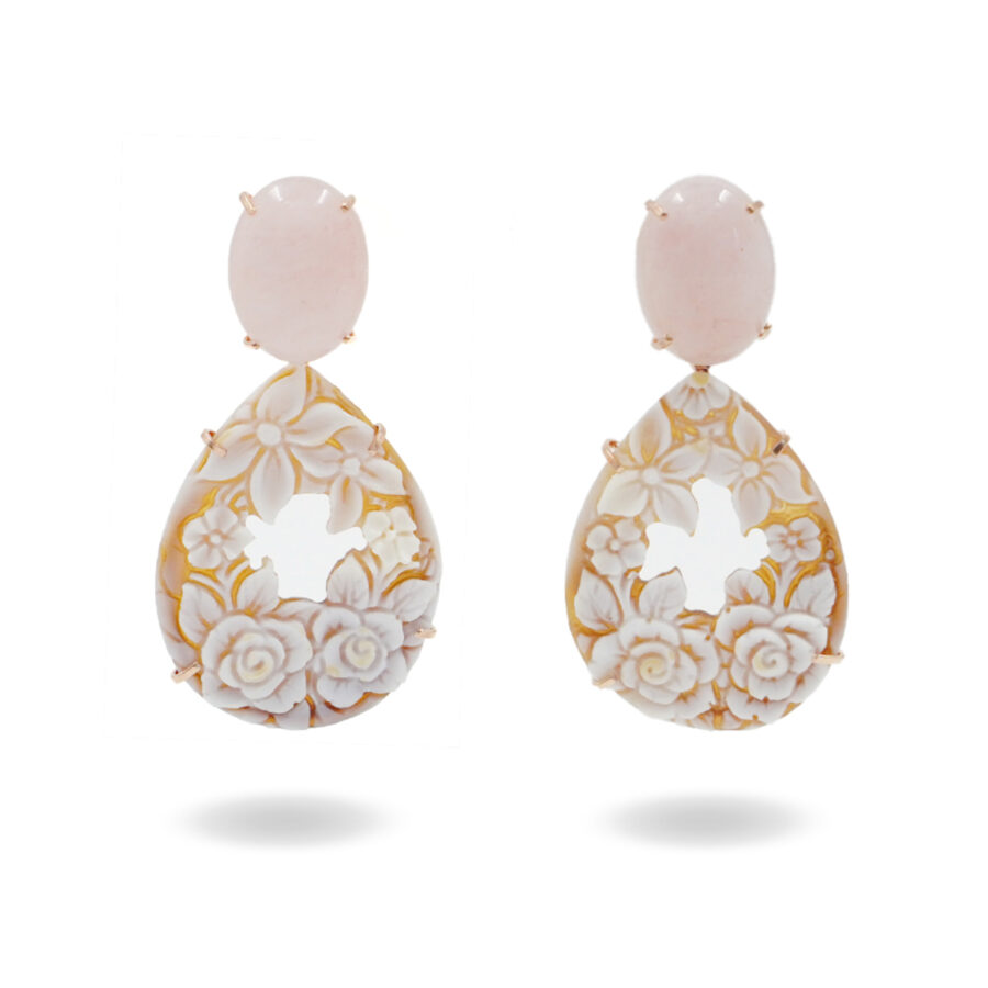 Orecchini in argento con morganite, cammeo inciso forma creola – Rosè