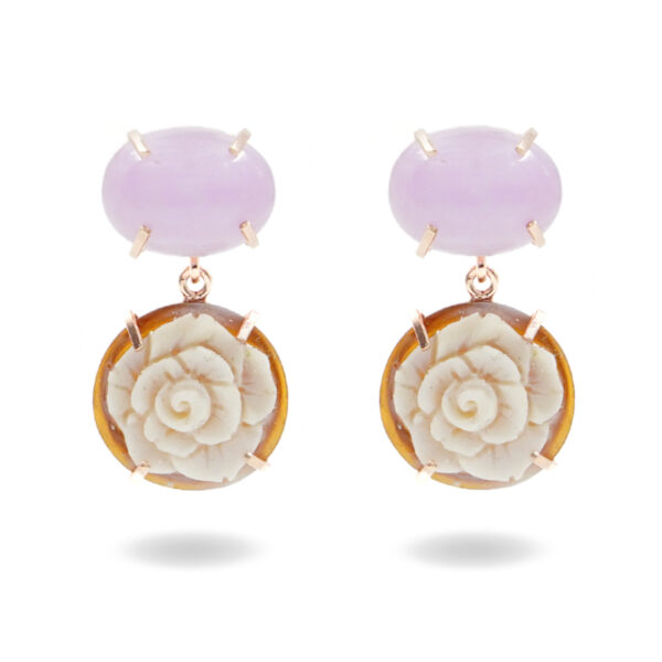 Orecchini in argento con kunzite e cammeo con inciso fiore – Rosè