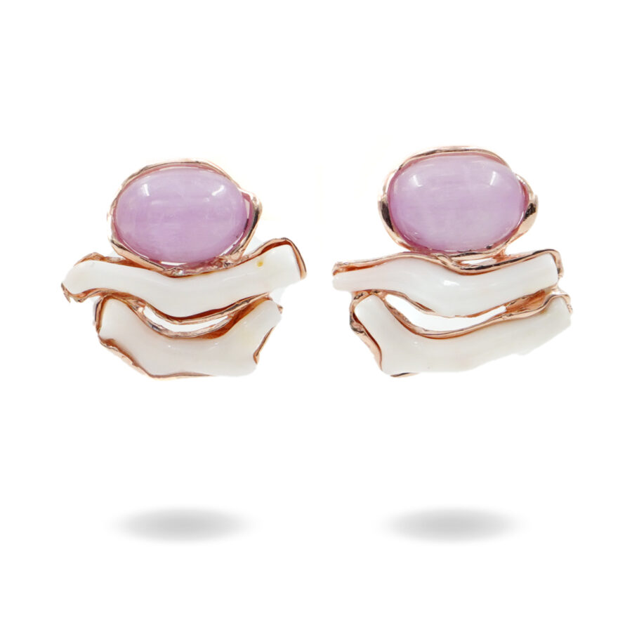 Orecchini in argento con kunzite, corallo bianco  – Rosè