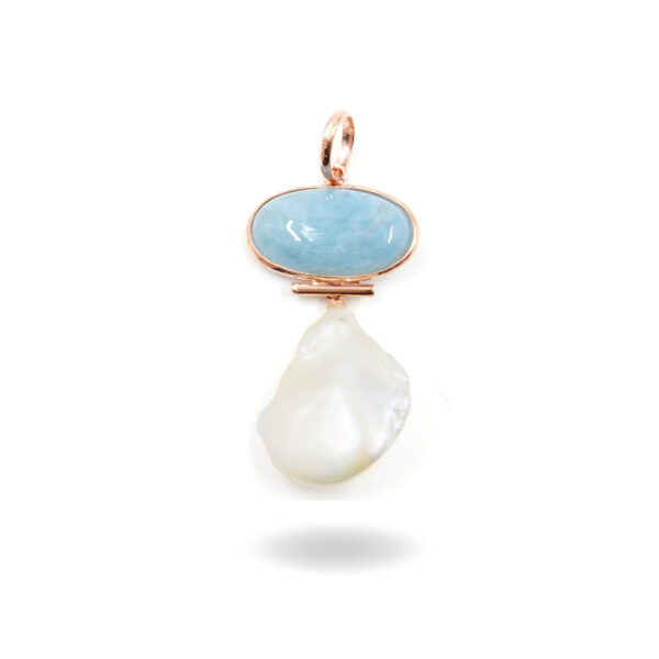 Pendente in argento con acquamarina, perla barocca piatta - Rosè