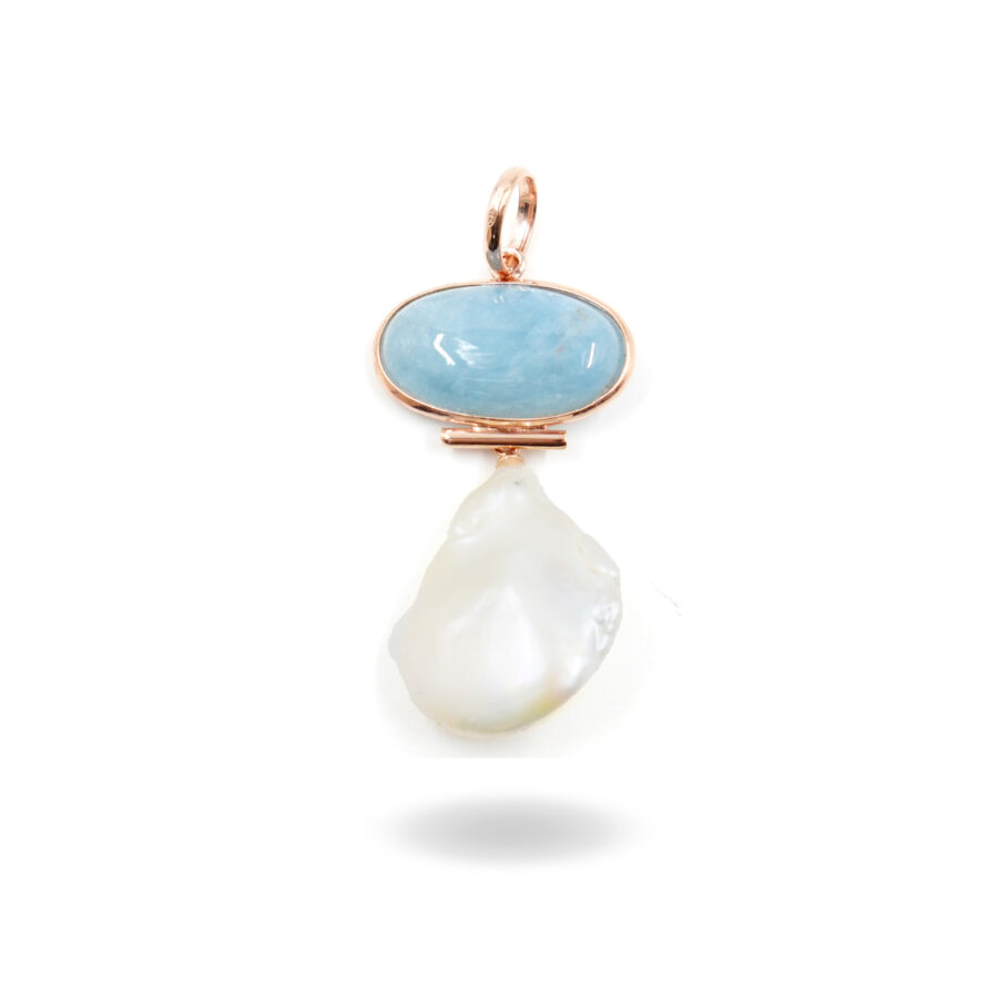 Pendente in argento con acquamarina, perla barocca piatta - Rosè