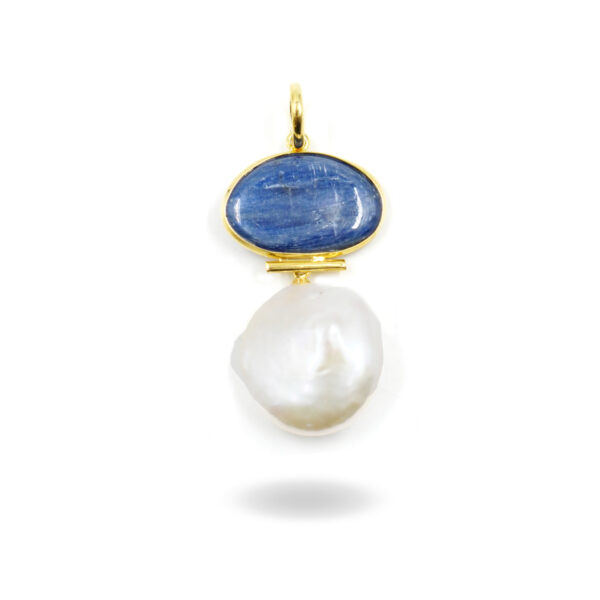 Pendente in argento con cianite, perla barocca piatta – Dorato