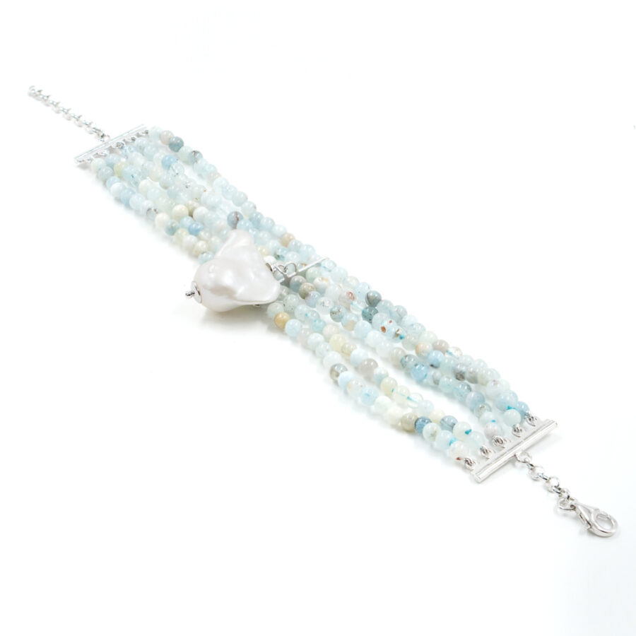 Bracciale con acquamarina, perla, chiusura in argento – Rodiato
