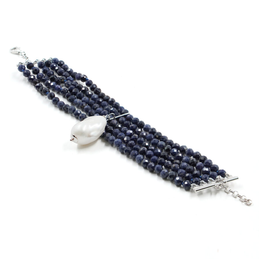 Bracciale con labradorite sfaccettata, perla, chiusura in argento – Rodiato
