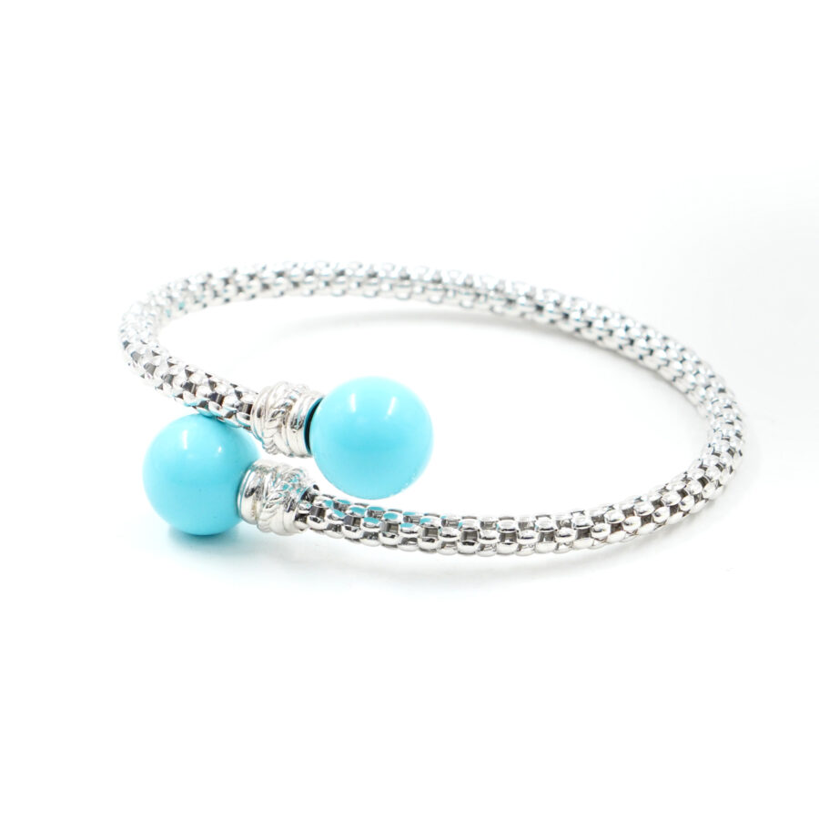 Bracciale Contrarier maglia coreana in argento con sfere di pasta di turchese 12mm – Rodiato