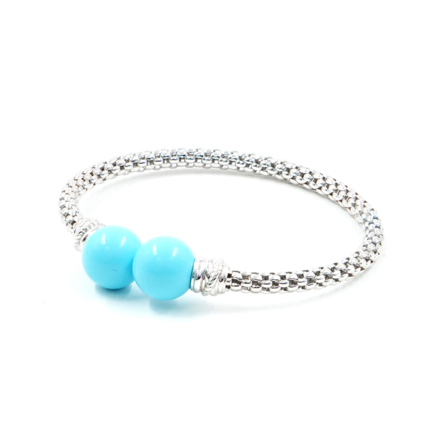 Bracciale maglia coreana in argento con sfere di pasta di turchese 12mm – Rodiato