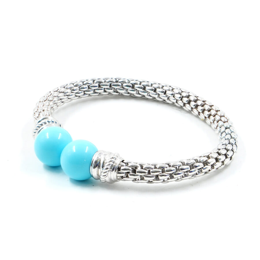 Bracciale maglia coreana in argento con sfere di pasta di turchese 12mm – Rodiato
