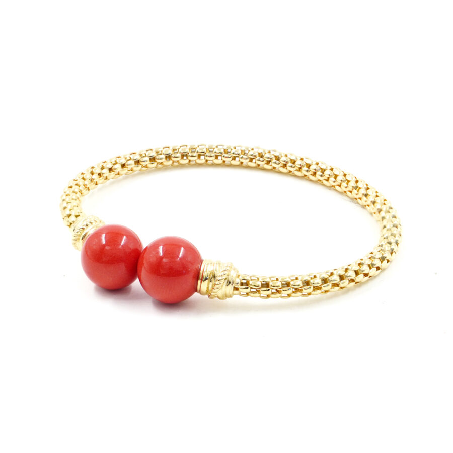 Bracciale maglia coreana in argento con sfere di pasta di corallo 12mm – Dorato