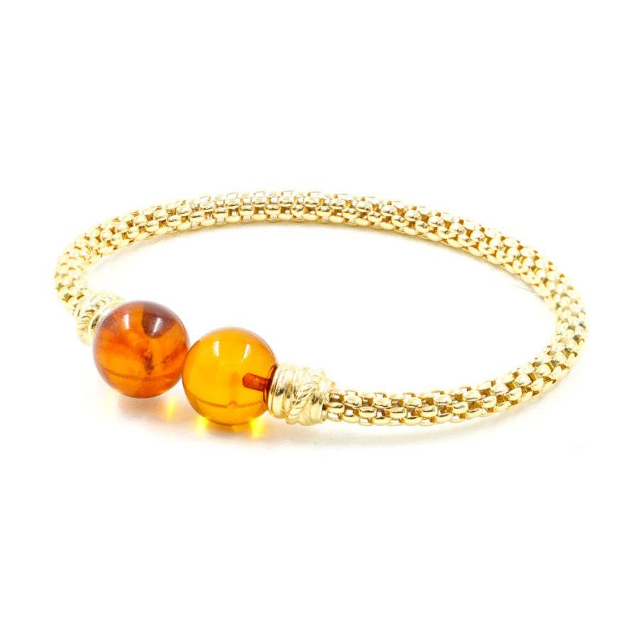 Bracciale maglia coreana in argento con sfere di ambra 12mm – Dorato