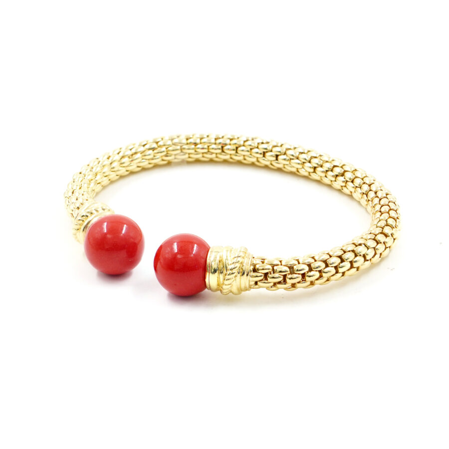 Bracciale maglia coreana in argento con sfere di pasta di corallo 12mm – Dorato