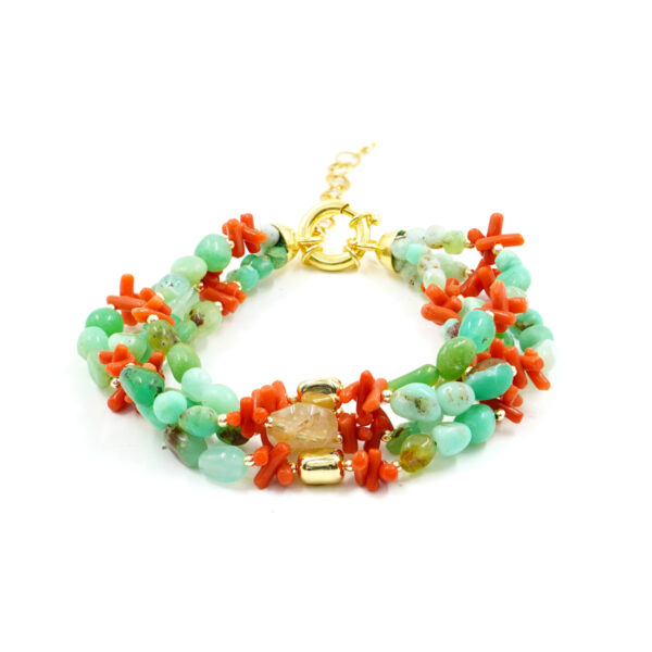 Bracciale con crisoprasio, quarzo rutilato, corallo, ematite, chiusura in argento - Dorato