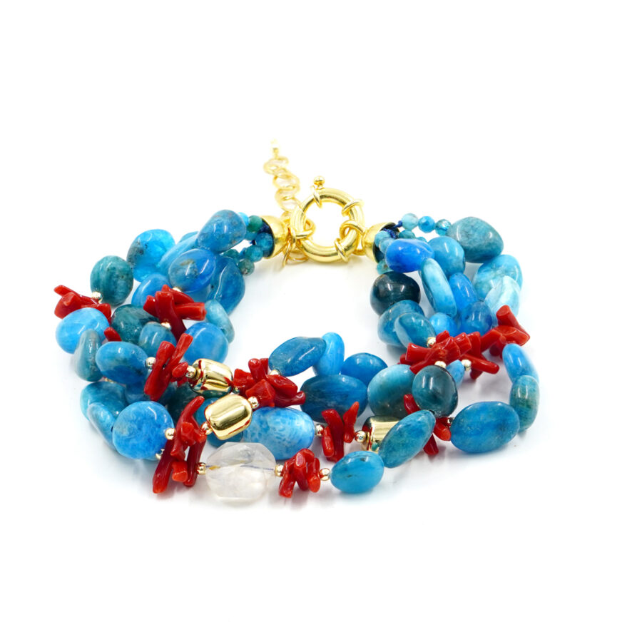 Bracciale con apatite, corallo, quarzo rutilato, ematite, chiusura in argento - Dorato