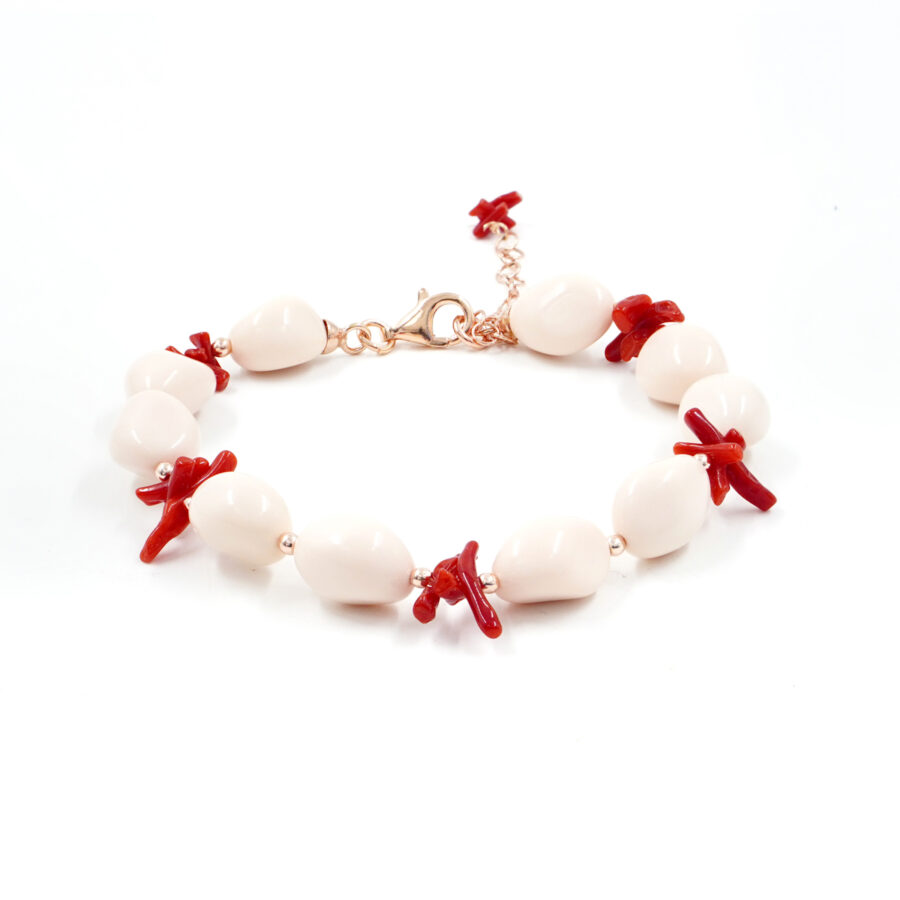 Bracciale con pasta di corallo rosa, corallo rosso, ematite, chiusura in argento – Rosè