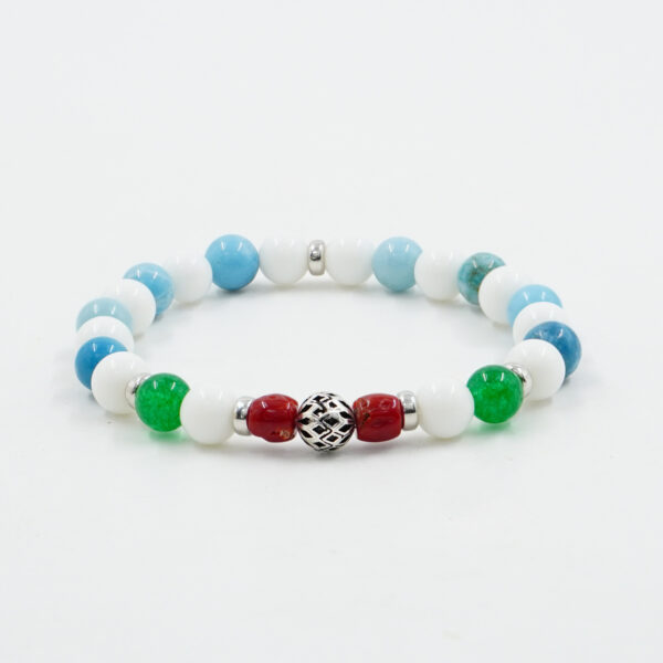 Bracciale Elastico con corallo, larimar, agata bianca