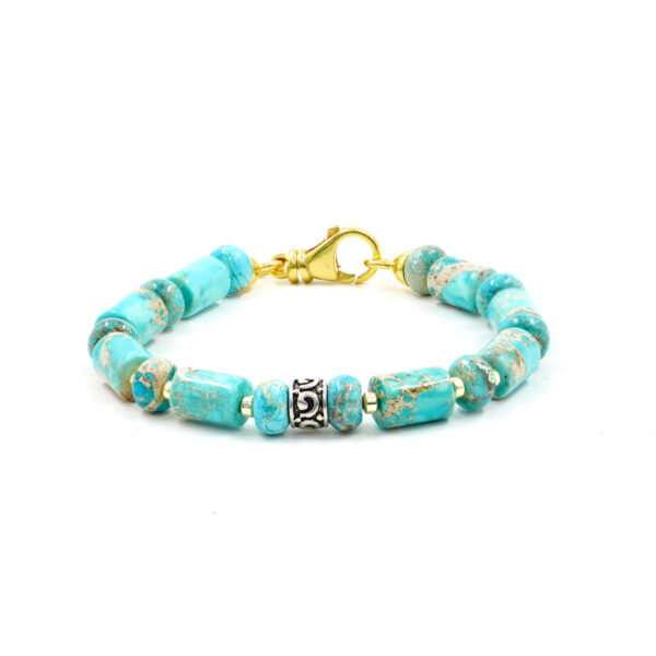Bracciale con diaspro imperiale azzurro, ematite, chiusura in argento – Dorato