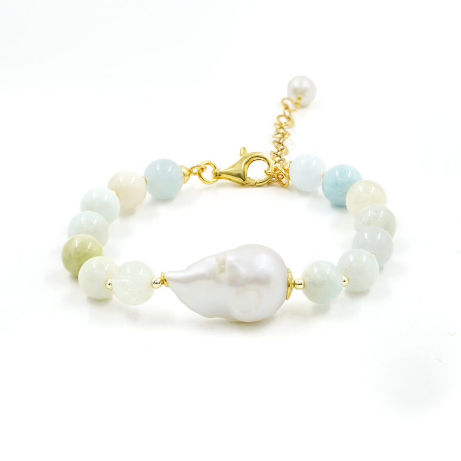 Bracciale con acquamarina sfaccettata, perla, ematite, chiusura in argento – Dorato