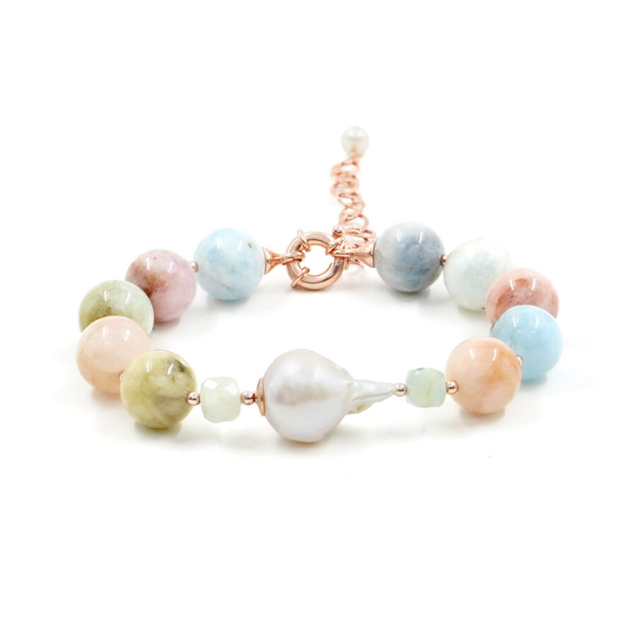 Bracciale con berillo, perla, ematite, chiusura in argento - Rosè