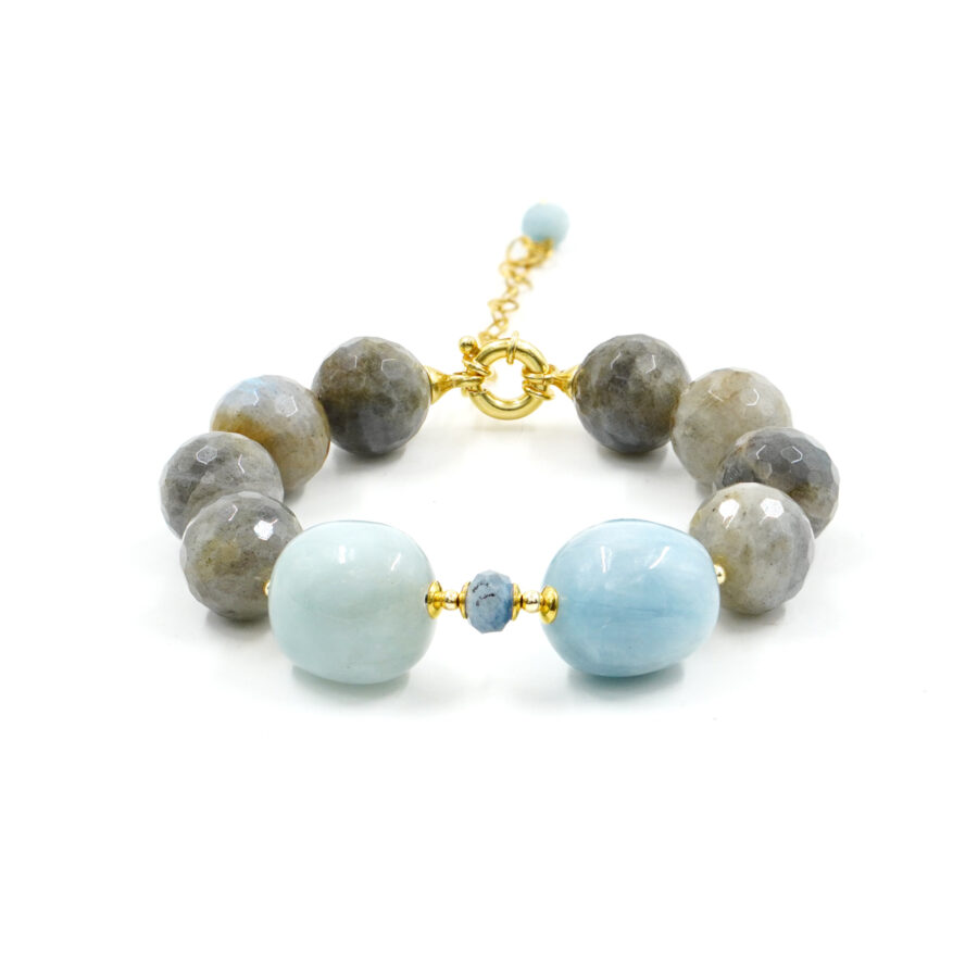 Bracciale con labradorite,acquamarina, ematite, chiusura in argento - Dorato