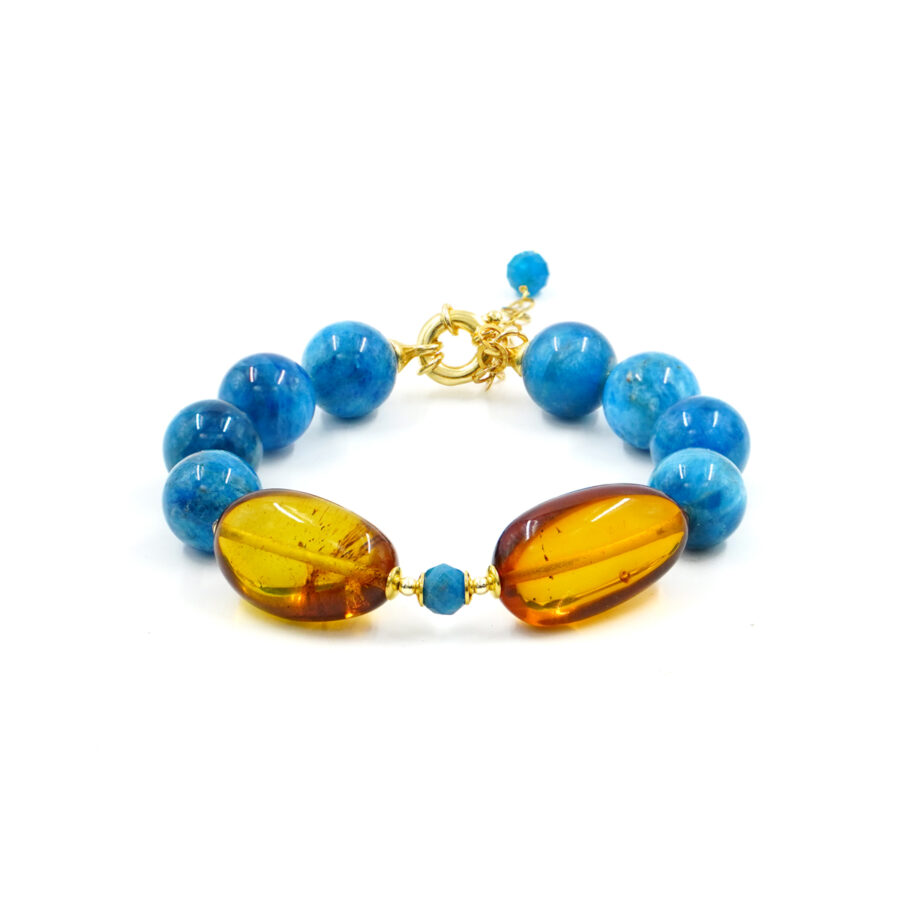 Bracciale con apatite, ambra cognac, chiusura in argento - Dorato
