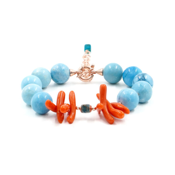 Bracciale con larimar, corallo, chiusura in argento - Rosè