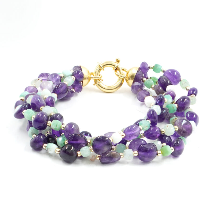 Bracciale con ametista, crisoprasio, ematite, chiusura in argento - Dorato